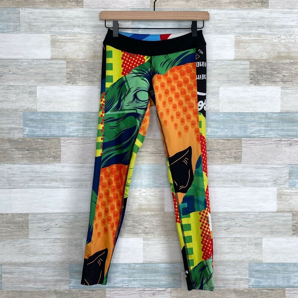 Reebok CrossFit Colorful Graphic Leggings Orange Green Compression Womens XS